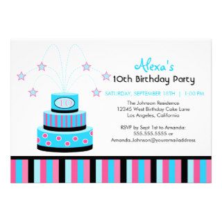 Blue and Pink 10th Birthday Cake Party Invitation
