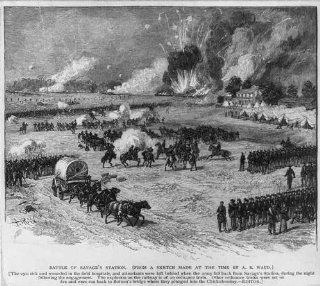 Battle of Savage's Station, troops in formation, horse drawn wagon, explosion, 1862   Prints