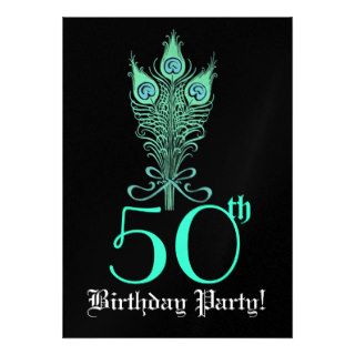50th Birthday Turquoise Peacock Feathers Template Invites