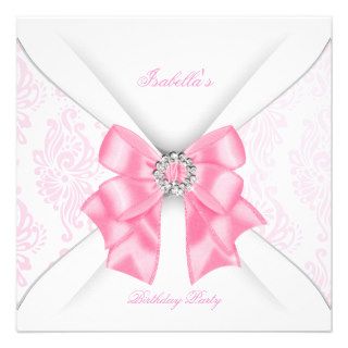 Pretty Pink Birthday Party White Diamond Bow Personalized Invite