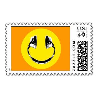 Yellow Headphones Happy Face Postage Stamps