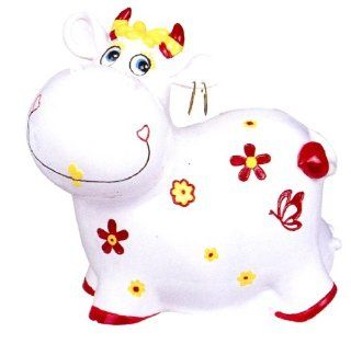 Whimsical Ceramic Red and White Smiling Cow Bank with Gold Earrings   Collectible Figurines