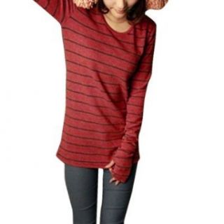 Allegra K Ladies Striped Scoop Neck Thumb Cuff Long Sleeve Shirt Red XS