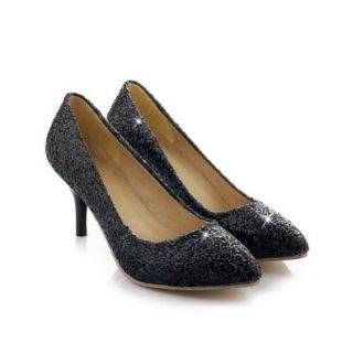 Vogue009 Womens Closed Pointed Toe Kitten Heel Sequins PU Solid Pumps with Sequin, Black, 43 Shoes