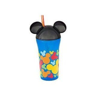 Disney Mickey Mouse Head Cup with Straw   Blue & Black with Colorful Mickey Heads on the Bottom Toys & Games