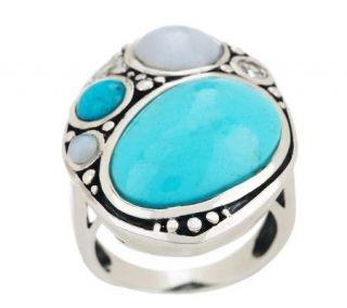 Turquoise, Blue Lace Agate and White Topaz Sterling Freeform Ring —