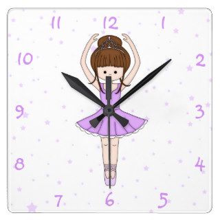 Pretty Little Cartoon Ballerina Girl in Purple Square Wall Clocks