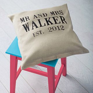personalised 'mr and mrs' wedding linen cushion by tillyanna