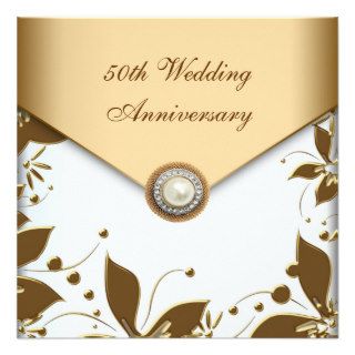 Gold Flower Pearl White 50th Wedding Anniversary Custom Announcement