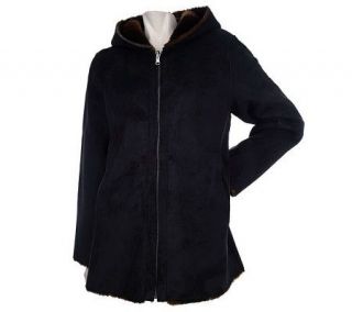 Dennis Basso Faux Suede and Faux Fur Zip Front Jacket w/Hood —