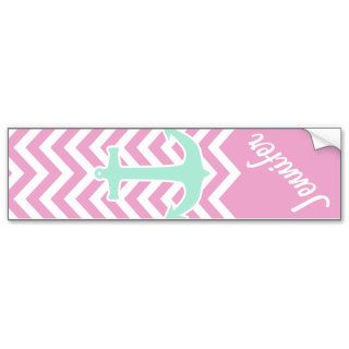 Girly Pink Chevron Teal Anchor Fashion Monogram Bumper Sticker