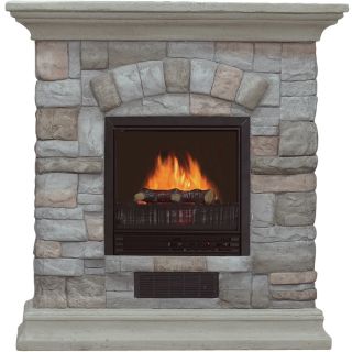 Electric Fireplace with Mantel and Multicolor Stone Facade — 5115 BTU, Model# POLY-0232  Electric Fireplaces