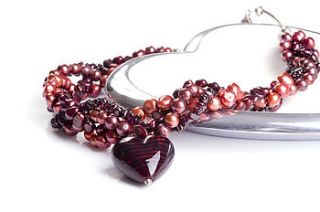 murano heart and pearl necklace in dark red by bish bosh becca
