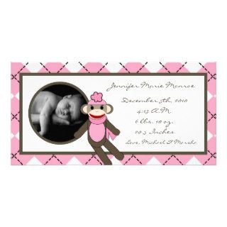 4x8 Pink Argyle Sock Monkey Birth Announcement Custom Photo Card