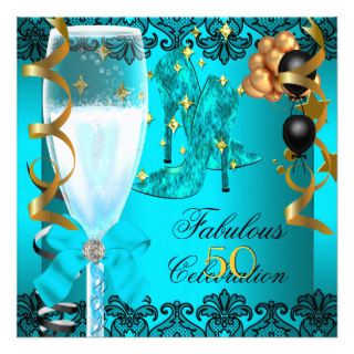 50 Fabulous Teal Black Gold 50th Champagne Party Custom Announcements