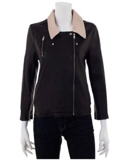 Rika Leather Biker Style Jacket With Contrasting Lapel   Paristexas