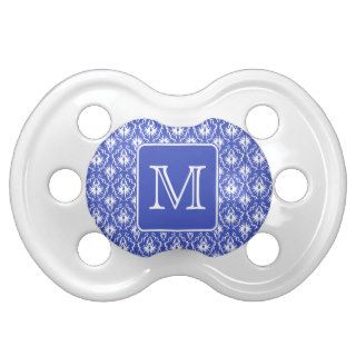 Custom Monogram, on Blue and White Damask Pattern. Pacifiers