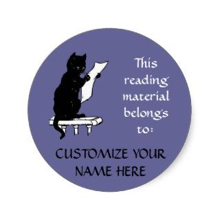 Reading Cat Bookplate Sticker in Denim Blue