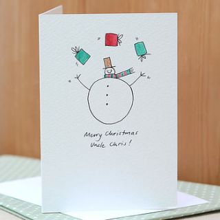 personalised 'juggling snowman' handmade card by hannah shelbourne designs