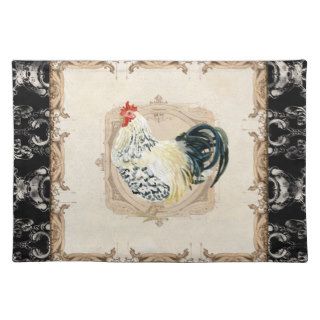 Vintage Style French Damask Black n White Rooster Placemats