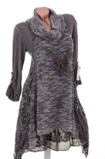 2tlg aus Kleid und Unterkleid mit langen rmeln und Spitze Dunkelgrau Batik 42/44 Bekleidung