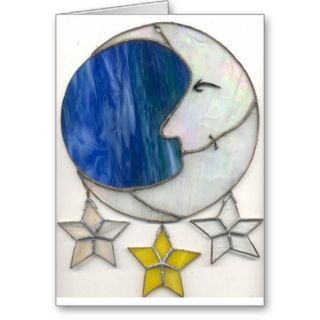 Crescent Moon Stars Stained Glass Night Sky Blue Greeting Cards