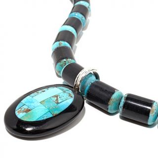 Jay King Turquoise and Obsidian Sterling Silver Pendant with 20" Beaded Necklac