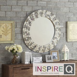 INSPIRE Q Palmer Frosted Tile Silver Finish Round Accent Wall Mirror INSPIRE Q Mirrors