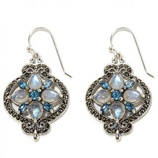 Rainbow Moonstone, Blue Topaz and Marcasite Sterling Silver Drop Earrings