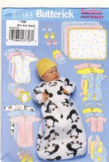 Butterick Sewing Pattern 5583   Use to Make   Infants Bunting, Jumpsuit, Shirt, Diaper Cover, Hat, Bib, Mittens, Booties, Blanket   Sizes Newborn, S and M 