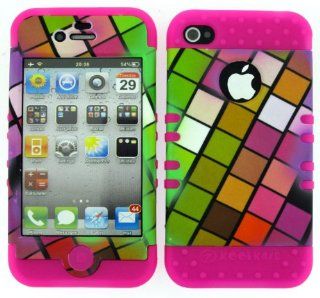 APPLE IPHONE 4 4S COLORFUL SQUARES HEAVY DUTY CASE + HOT PINK GEL SKIN SNAP ON PROTECTOR ACCESSORY Cell Phones & Accessories