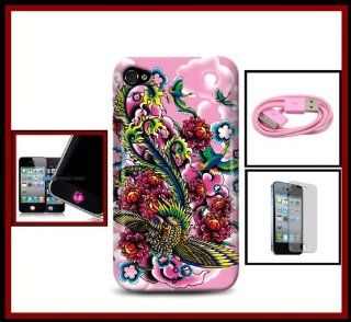 Case Cover Snap on for iPhone 4 4S Glossy Colorful Phoenix Pink Faceplates Front/Back + Clear Screen Protector + One Pink USB Charger Data Cable Cord + One FREE Hot Pink Diamond Home Button Sticker Cell Phones & Accessories