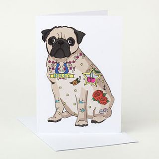 tattoo pug greeting card by sophie parker