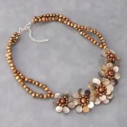 Golden Mother of Pearl/ Pearl Floral Necklace (3 7 mm) (Thailand) Necklaces