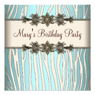 Ivory Teal Blue Zebra Womans Birthday Party Announcements