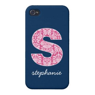 Navy and Hot Pink Damask Pattern Monogram Letter S Covers For iPhone 4