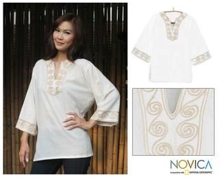 Cotton 'Cosmopolitan Cloud' Blouse (Thailand) Novica Women's Clothing