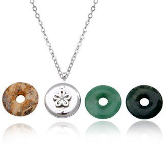 Sterling Silver Green Aventurine, Leopard Skin and Grass Agate Interchangeable Flower Pendant Necklace , 18" Jewelry