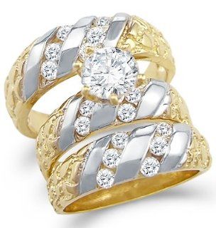 14k Two Tone Gold CZ Engagement Wedding Nugget His and Hers Trio Three Piece Ring Set Round Cut Jewelry