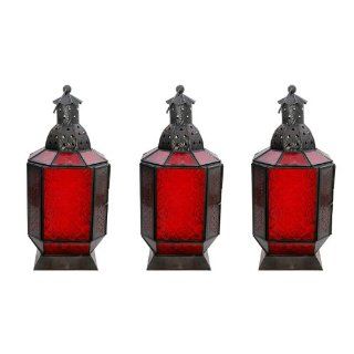 Glass Lamp Lantern, Morrocan Style, Coloured Glass and Iron, Red, Set of 3   Decorative Candle Lanterns