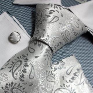 Grey Patterned Woven Silk Tie Handkerchiefs Cufflinks Present Box Set silver christmas gift Pointe Tie PH1092 One Size Silver at  Men�s Clothing store Neckties