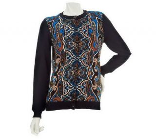 Linea by Louis DellOlio Paisley Print Cardigan with Rib Knit Trim —