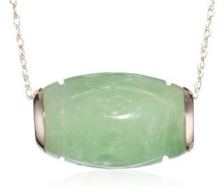 14kt Yellow Gold, Carved Dyed Green Jade Barrel Enhancer Pendant Necklace, 18" Jewelry