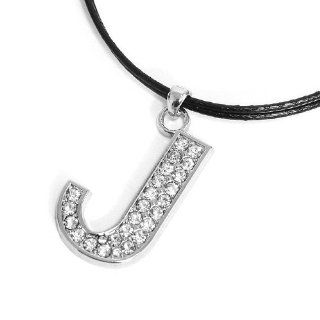 Rhinestone Initial Pendant Necklace; Letter J; 18"L Black Cord Chain; Silver Tone Metal Pendant With Clear Rhinestones; Lobster Clasp Closure; Letter J; Jewelry