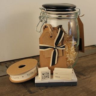 glass jar gift tag set with stamps and ribbon by möa design