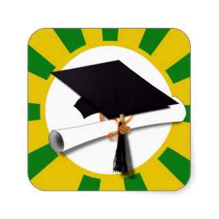 Graduation Cap w/Diploma (1)   Gold &  Green Square Stickers