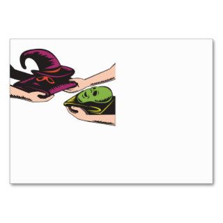 Hands Exchanging Halloween Mask Retro Business Card Template