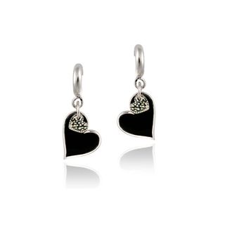 Glitzy Rocks Sterling Silver Marcasite and Onyx Heart Dangle Earrings Glitzy Rocks Gemstone Earrings