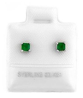 Sterling Silver May Birthstone Emerald Princess Cut Stud Child Earrings Jewelry