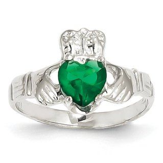14k White Gold May Birthstone Claddagh Ring, Size 5 Jewelry